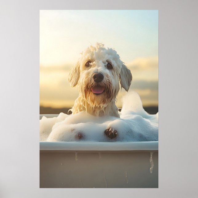 Funny Sheepdog Bubble Bath Art, Quirky Dog Print Poster (Framsidan)