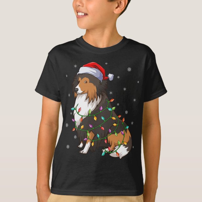 Funny Sheltie Hund Julafton Lighting Santa Hat She T Shirt (Framsida)