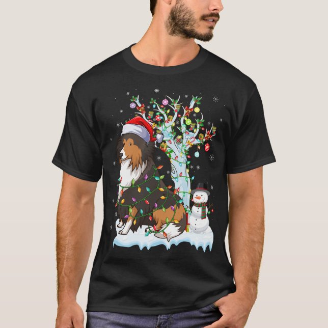 Funny Sheltie Hund Julafton Lighting Santa Hat She T Shirt (Framsida)