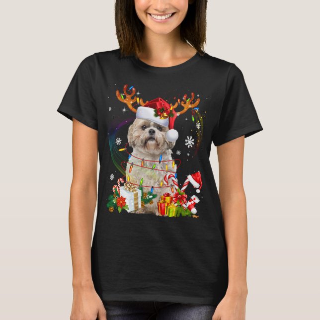 Funny Shih Tzu jul Reindeer jul Ljus T Shirt (Framsida)