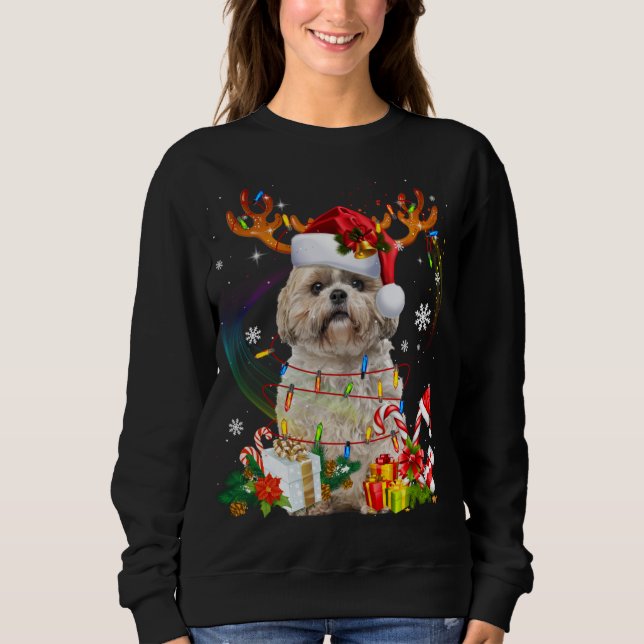 Funny Shih Tzu jul Reindeer jul Ljus T Shirt (Framsida)