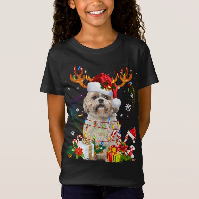 Funny Shih Tzu jul Reindeer jul Ljus T Shirt (Framsida)