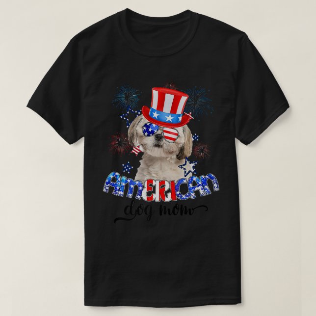 Funny Shih Tzu med solglasögon USA flagga 4:e av  T Shirt (Design framsida)