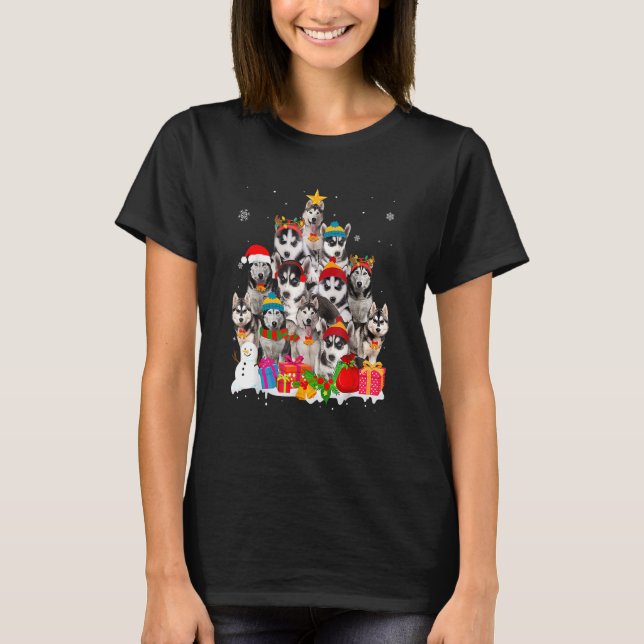 Funny Siberian husky Santa Hat Julgran Pet T Shirt (Framsida)
