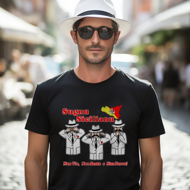 Funny Sicilian Say Mafia Characters T-Shirt (Sugnu Sicilianu: I'm a Sicilian (male) Funny Mafia Cartoon Tee
"I don't see, hear, or speak.")
