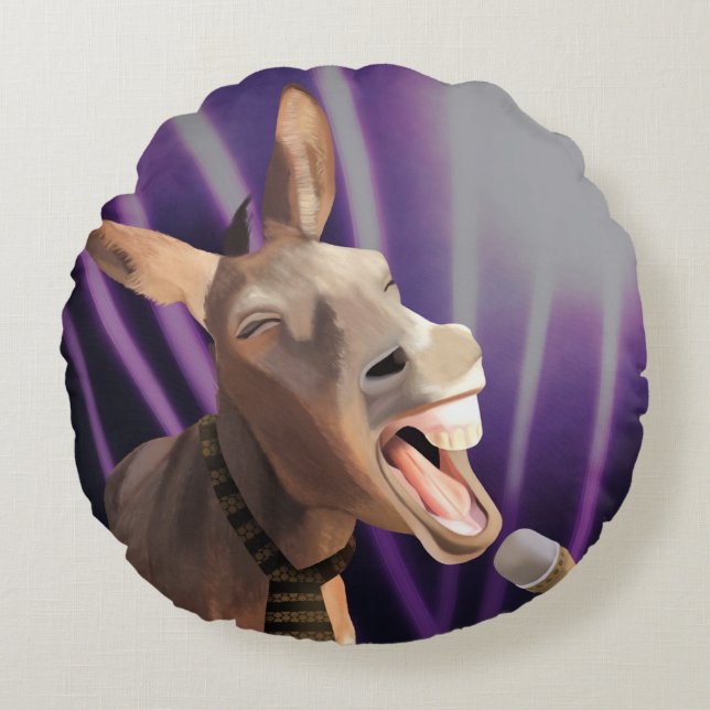 Funny Singing Donkey Farm Animal Lila Background Rund Kudde (Framsidan)