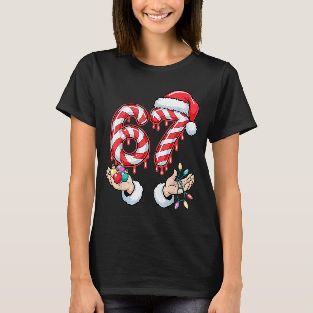 Funny Six Seven 67 Christmas Candy Cane Festive Ho T Shirt (Framsida)