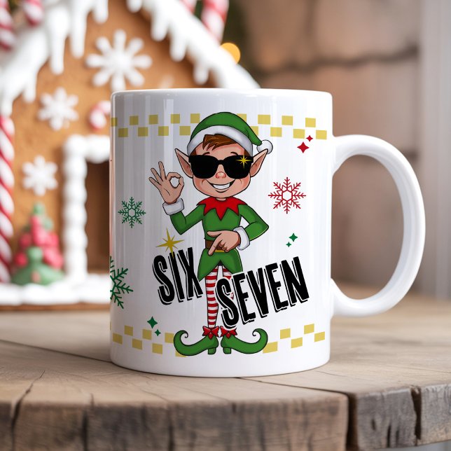 Funny Six Seven 67 Meme Xmas Elf Holiday Humor Kaffemugg (Six seven 67 funny meme trending retro Xmas santa elf holiday humor Christmas coffee 11 oz mug gift )