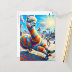 Funny Skateboarding Alpaca Vykort
