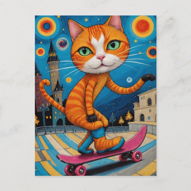 Funny Skateboarding Surreal Ginger Cat Vykort (Framsida)