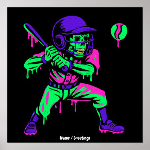 Funny Skeleton Bating Ice Cream Dripping Baseball Poster