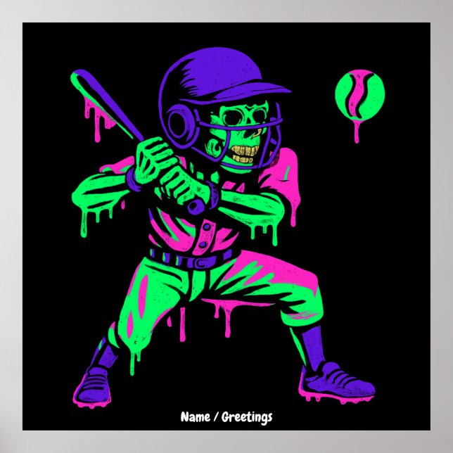 Funny Skeleton Bating Ice Cream Dripping Baseball Poster (Framsidan)