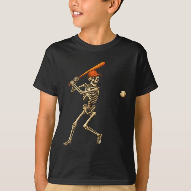Funny Skeleton Battar Baseball Player Manar Boys H T Shirt (Framsida)