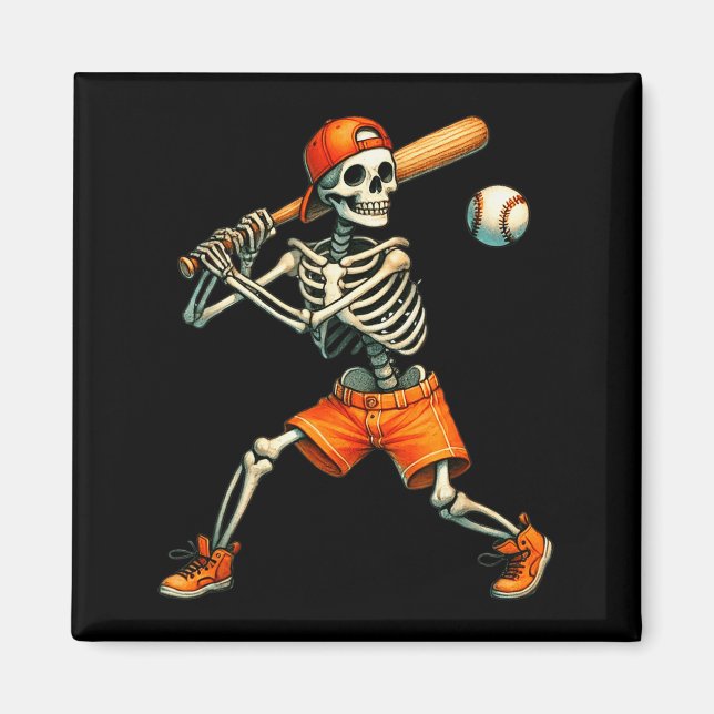 Funny Skeleton Batting Baseball Halloween Boys Men Magnet (Framsidan)