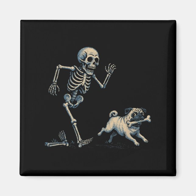 Funny Skeleton Chasing Pug Halloween Hund Mamma Pu Magnet (Framsidan)