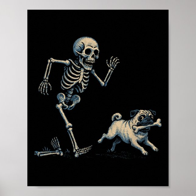 Funny Skeleton Chasing Pug Halloween Hund Mamma Pu Poster (Framsidan)
