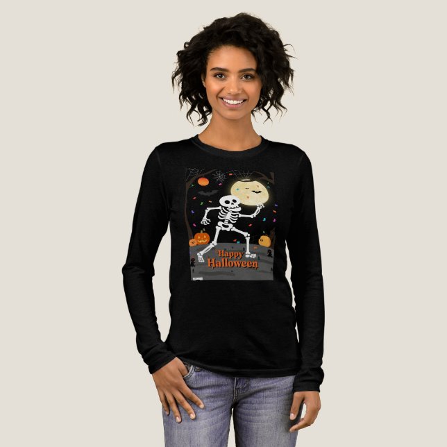Funny Skeleton Dancing with "Happy Halloween" Bann T Shirt (Hel framsida)