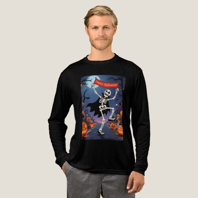 Funny Skeleton Dancing with "Happy Halloween" Bann T Shirt (Hel framsida)
