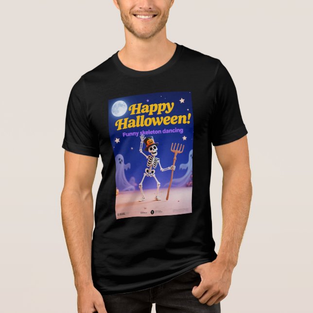 Funny Skeleton Dancing with "Happy Halloween" Bann T Shirt (Framsida)