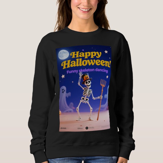 Funny Skeleton Dancing with "Happy Halloween" Bann T Shirt (Framsida)