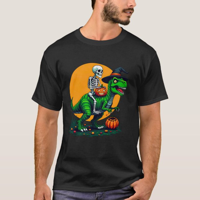 Funny Skeleton Dinosaur T Rex Witch Hat Halloween Shirt (Framsida)