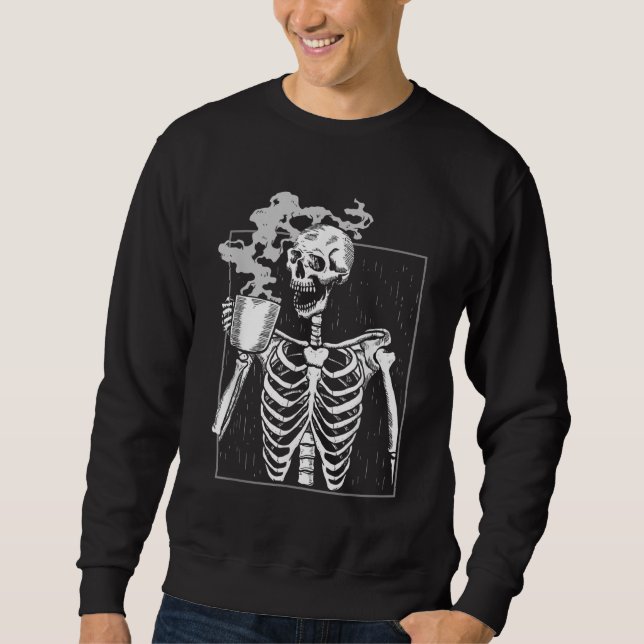 Funny Skeleton Drinking Coffee Caffeine Älskare Co Lång Ärmad Tröja (Framsida)