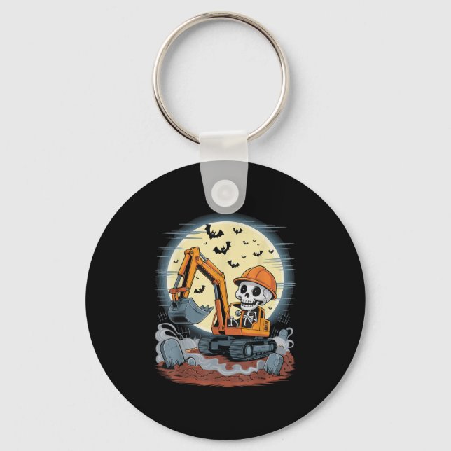Funny Skeleton Driving Excavator Halloween Constru Nyckelring (Framsida)