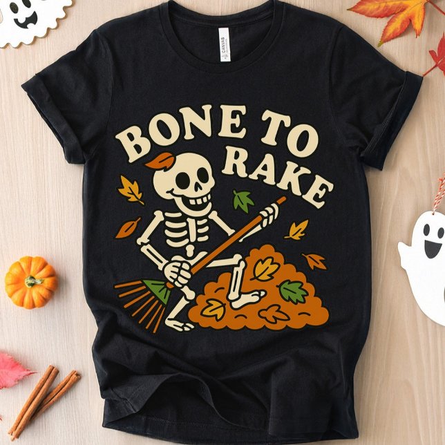 Funny Skeleton Fall Bone to Rake Autumn Halloween T Shirt (Happy Skeleton playing air guitar with rake while raking fall leaves. )