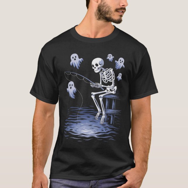 Funny Skeleton Fishing Älskare Spooky Halloween Fi T Shirt (Framsida)