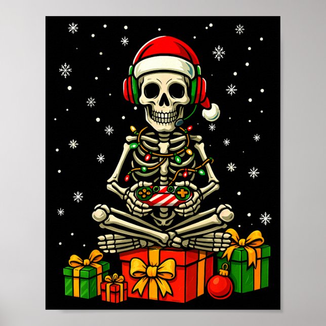 Funny Skeleton Game Controller Xmas Lights Men Wom Poster (Framsidan)