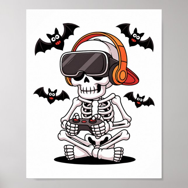 Funny Skeleton Gamer med vr Headset Halloween Sty Poster (Framsidan)