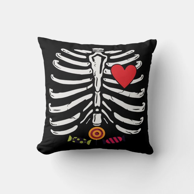 Funny Skeleton Halloween Heart Candies Kudde (Framsida)