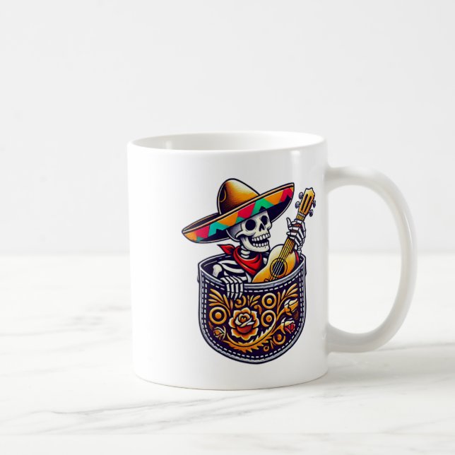 Funny Skeleton Mariachi Guitar Pocket Cinco De May Kaffemugg (Höger)