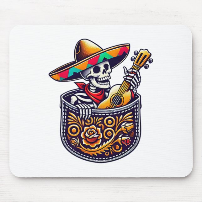 Funny Skeleton Mariachi Guitar Pocket Cinco De May Musmatta (Framsidan)