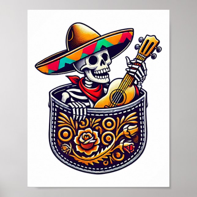Funny Skeleton Mariachi Guitar Pocket Cinco De May Poster (Framsidan)