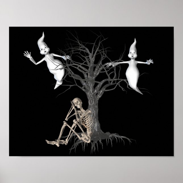 Funny Skeleton och Spöken Halloween Poster (Framsidan)