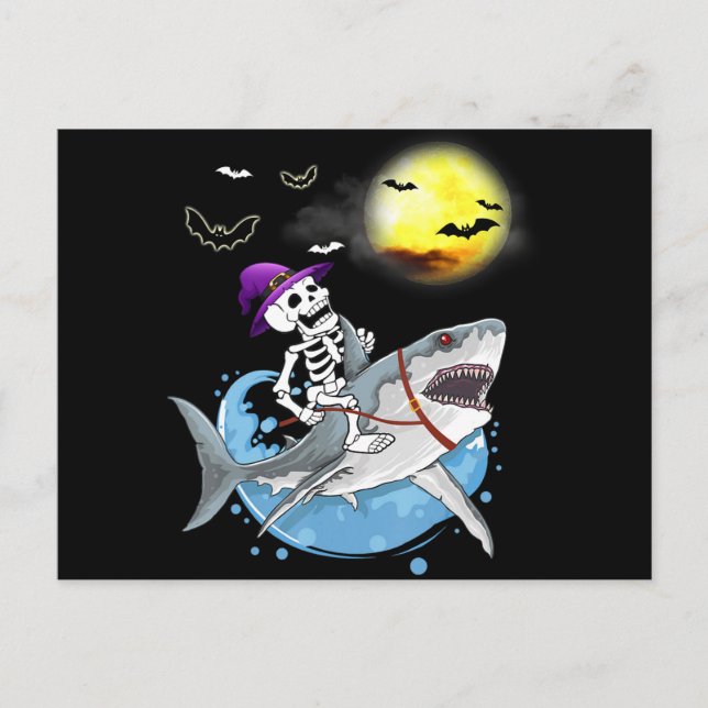 Funny Skeleton Riding Shark Halloween Boys Girls Helg Vykort (Framsida)