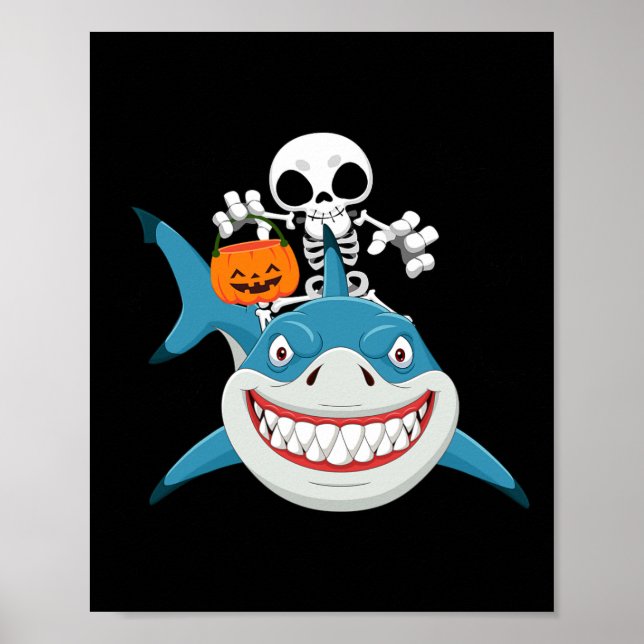 Funny Skeleton Riding Shark Jack O'lantern Pumpkin Poster (Framsidan)