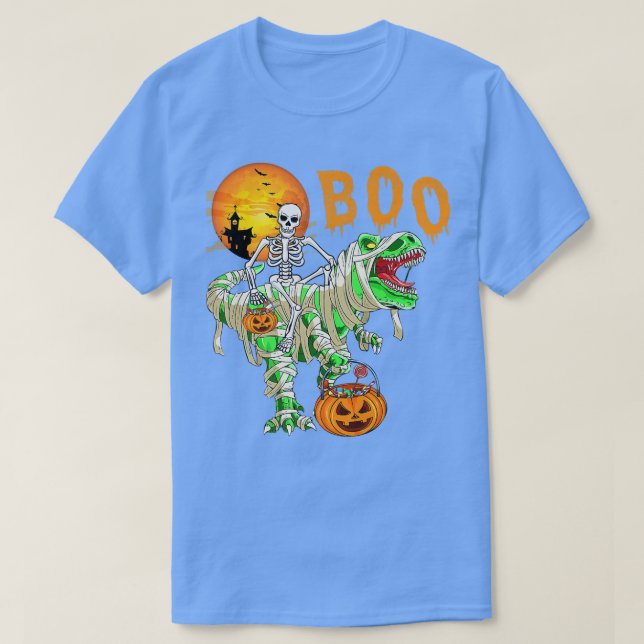 Funny Skeleton Riding Tre Dinosaur Pumpkin Hallowe T Shirt (Design framsida)