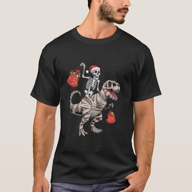 Funny Skeleton Riding TRex Dinosaur jul Tee (Framsida)
