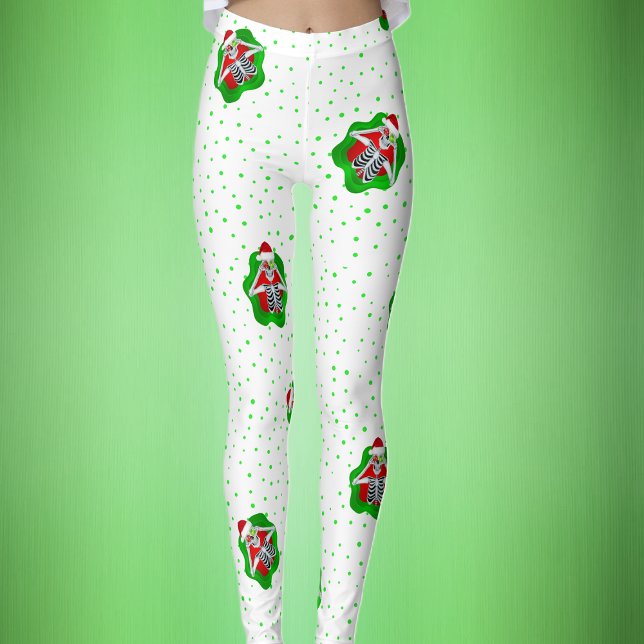 Funny Skeleton Santa Hat Red Grönt Dots on White Leggings (Funny Skeleton Santa Hat ornaments on white with green polka dots Christmas womans leggins.)