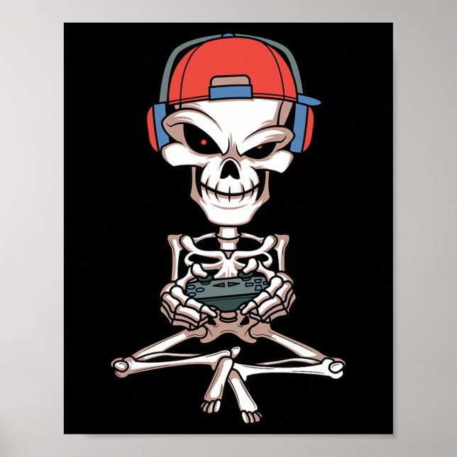 Funny Skeleton Skull Video Gamer Halloween-enhet-e Poster (Framsidan)