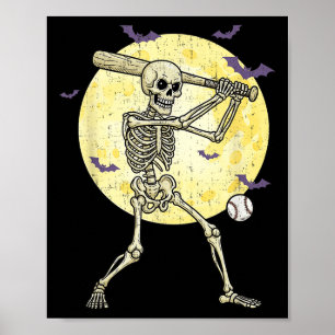 Funny Skeleton spelar Baseball Funny Halloween Poster