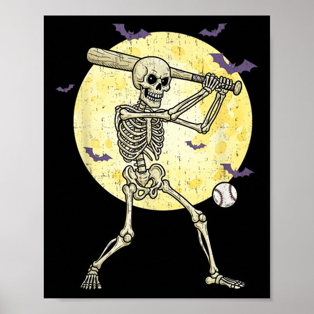Funny Skeleton spelar Baseball Funny Halloween Poster (Framsidan)
