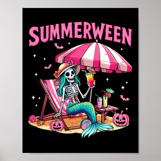Funny Skeleton Summerween Sjöjungfru Beach Hallowe Poster (Framsidan)
