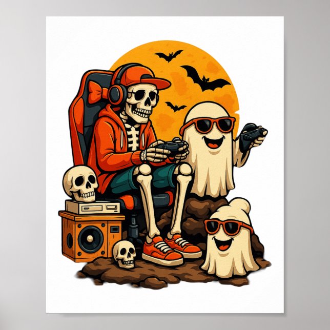 Funny Skeleton Video Game Halloween-spelspelare B Poster (Framsidan)