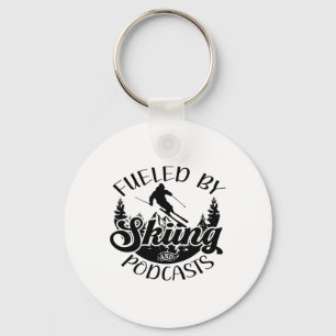 Funny Skier Joke Fueled by Skiing and Podcasts Pun Nyckelring