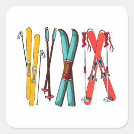 Funny Skiing Colorful Ski Skier Fyrkantigt Klistermärke