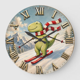 Funny Skiing Dinosaur Cute Winter T-Rex Ski Stor Klocka