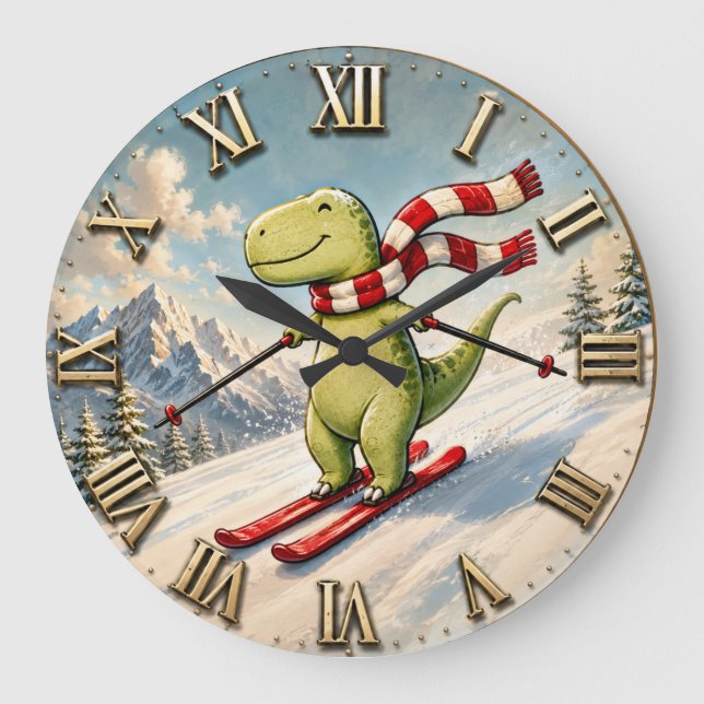 Funny Skiing Dinosaur Cute Winter T-Rex Ski  Stor Klocka (Framsida)